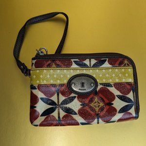 Fossil Key-Per Red Poppy Wristlet Wallet Floral Brown Yellow